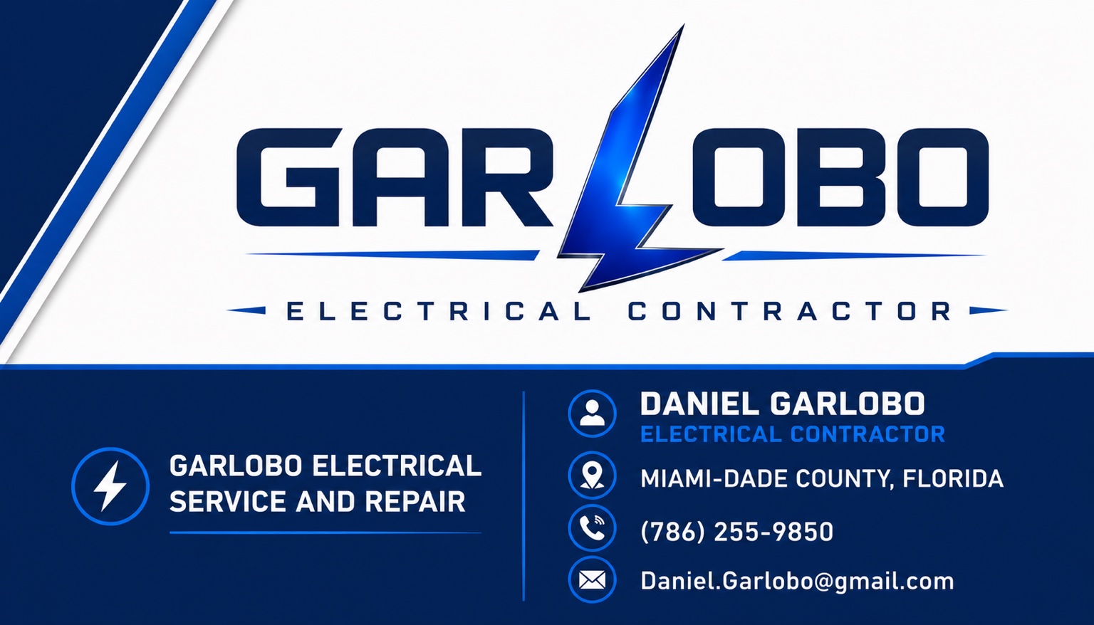 Daniel Garlobo electrical contractor business card with Miami-Dade County Florida contact details
