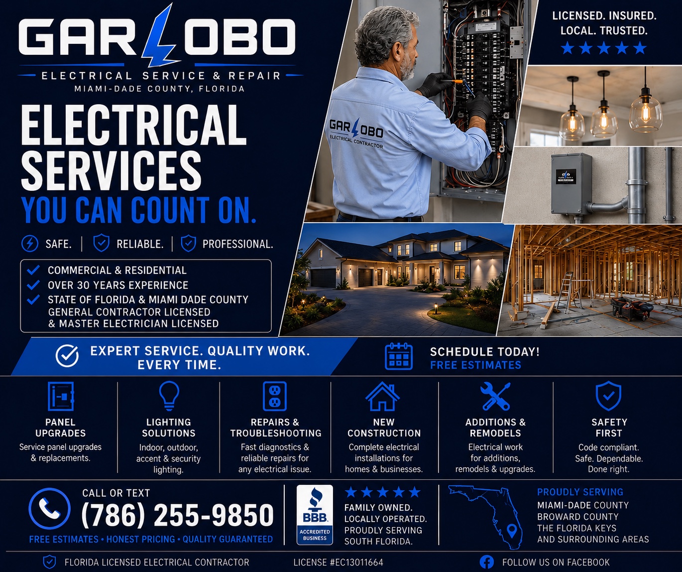 Garlobo Electrical Contractor services overview, electrician, residential and commercial electrical work